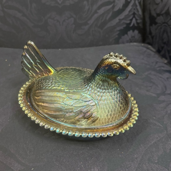 1970s Blue Iridescent Carnival Glass Chicken Hen on Nest - Picture 1 of 5